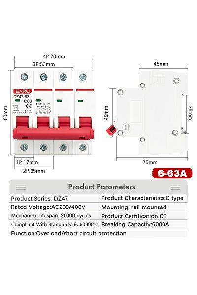 EARUELETRIC 1p 16a Dz47 400v 1-4p 3-125a C Type Mini Circuit Breaker Mcb Short Overload Circuit Protector 35mm D