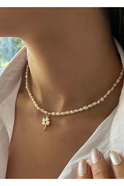 By Saadet Özkanlı Kadın Küçük Inci Kolye, Kum Inci, Dört Yapraklı Yonca ,gerçek Istiridye Inci, Nazar Ve Şans Choker