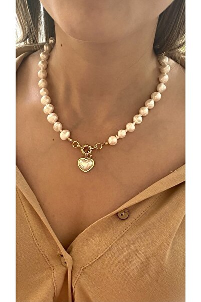 By Saadet Özkanlı Kadın Beyaz Kalpli Gerçek Inci Kolye , 10-11 Mm Tatlısu Incisi, Istiridye Incisi