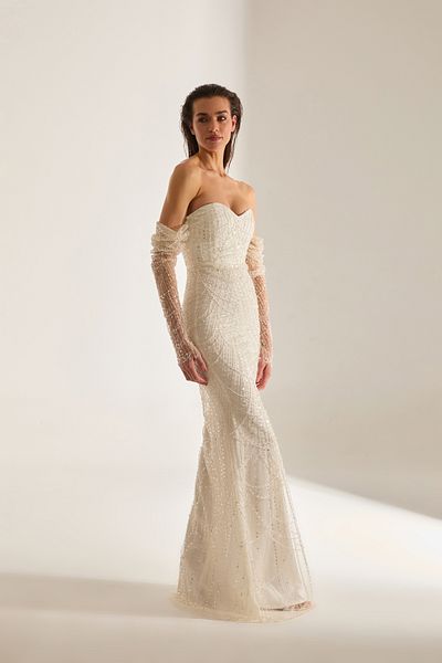 BETTY & SAM Lineta Beading Embroidered Strapless Fish White Evening Gown