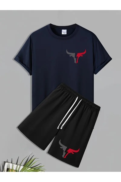 DAXİS Sportwear Company طقم علوي سفلي مطبوع للرجال - طقم شورت تي شيرت