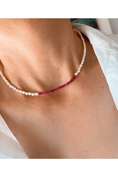 By Saadet Özkanlı Kadın Gerçek Yakut Ve Inci Kolye Choker .klips 925 Ayar Gümüş.