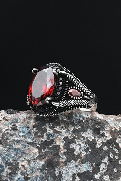 Prestige 925 Ayar Gümüş Erkek Yüzüğü Kırmızı Zirkon Taşlı Zirkon Taş Süslemel...