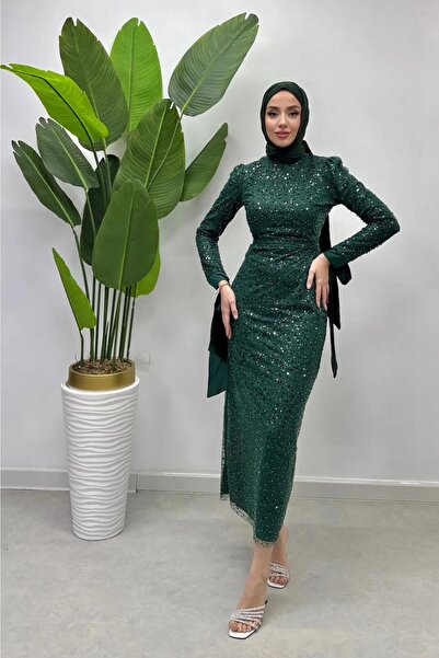 Tesettür Diyarı Σμαραγδί Βραδινό Φόρεμα Τεσεττούρ - Με Λεπτομέρεια Κορδέλας σ...