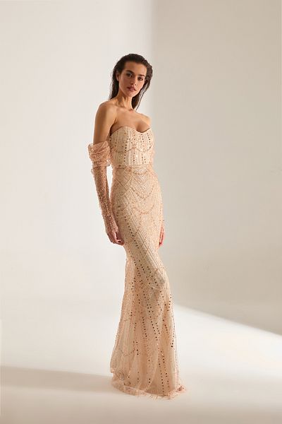 BETTY & SAM Lineta Beading Embroidered Strapless Fish Gold Evening Gown