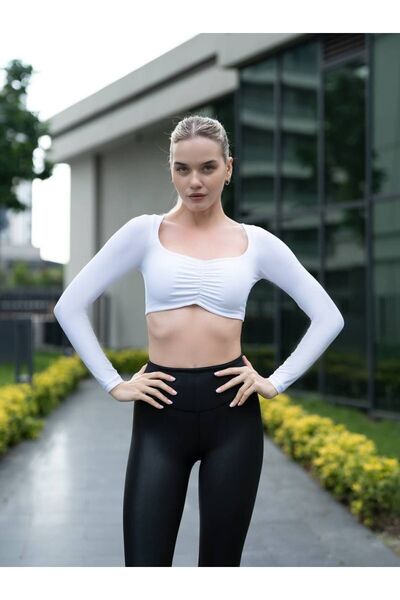 lismina Beyaz Göğsü Büzgülü Uzun Kollu Spor Crop Büstiyer ( Sporcu Bra )