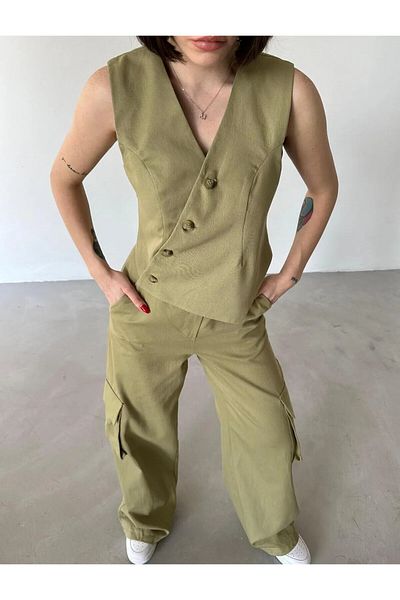 buqre's moda Asymmetrical Buttoned Vest Pocket Detailed Trousers Set