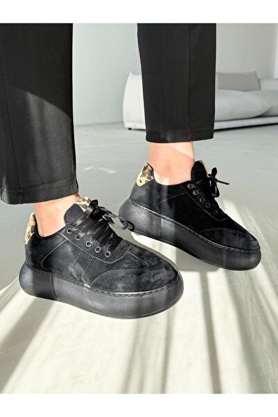 diclepolat Kadın Sneaker Siyah Süet Yüksek Taban Bağcıklı Spor Ayakkabı Leopar Desenli Azin