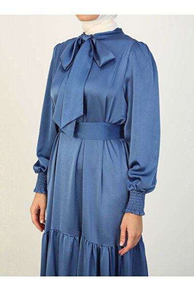 Refka Satin Hijab Dress - Blue - with Tie Detail - Refka