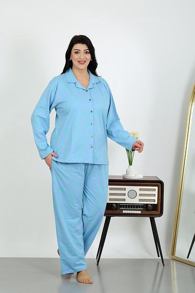 Akbeniz Costum de pijama albastru cu buzunare din bumbac de marime mare pentru femei 202504