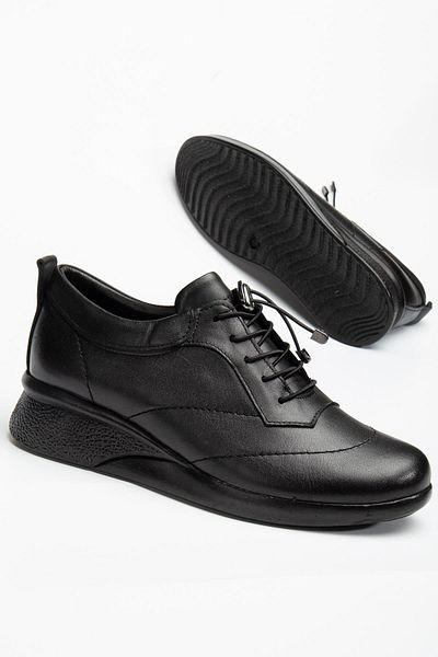 Dilimler Ayakkabı Genuine Leather Orthopedic Women's Casual Shoes Black Wedge Heels Elastic Laced