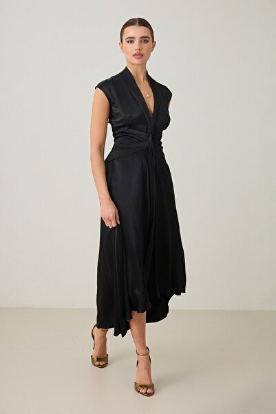 Setre Siyah V Yaka Belden Detaylı Midi Boy Kolsuz Elbise