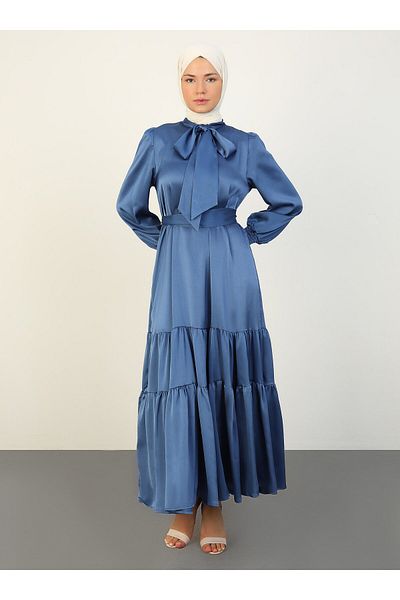 Refka Satin Hijab Dress - Blue - with Tie Detail - Refka