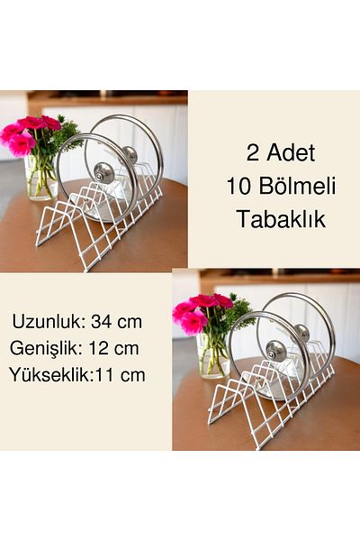 EceAksesuar 2-Piece Plate Rack - Pot Lid Organizer - Plate Dryer - Black Stand with 10 Compartments