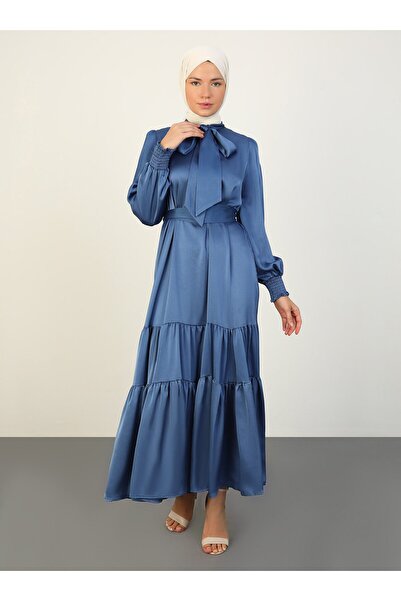 Refka Satin Hijab Dress - Blue - with Tie Detail - Refka