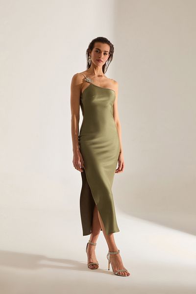 BETTY & SAM Isabella One Shoulder Stone Detailed Khaki White Evening Gown