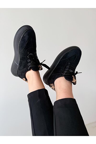 diclepolat Kadın Sneaker Siyah Süet Yüksek Taban Bağcıklı Spor Ayakkabı Leopar Desenli Azin