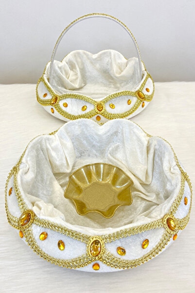 ZEYMERADE Kırık Beyaz Kadife Parlak Taş Süslemeli Kına Gecesi Tepsi Sepet Tak...