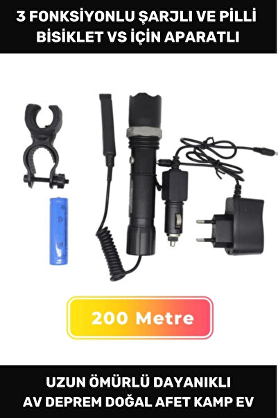 Thriftbuds Premium 200 Metre Menzilli Beyaz Işıklı 3 Modlu Şarjlı Pilli Av Kamp Tüfek Aparatlı Bisiklet Feneri
