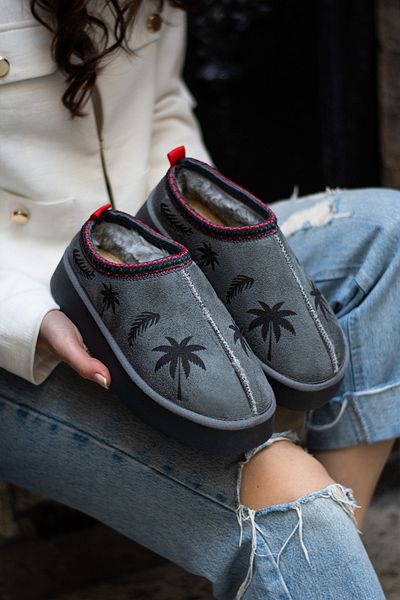 Ege's Shoes Women's Gray Floral Suede Sabo Inside Hairy Comfortable Sole Home Outdoor Slippers