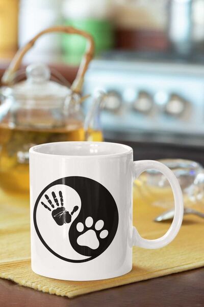 Piktorya كوب Ying Yang بتصميم بصمة اليد وطبعة المخلب Ba مطبوع، هدية عصرية