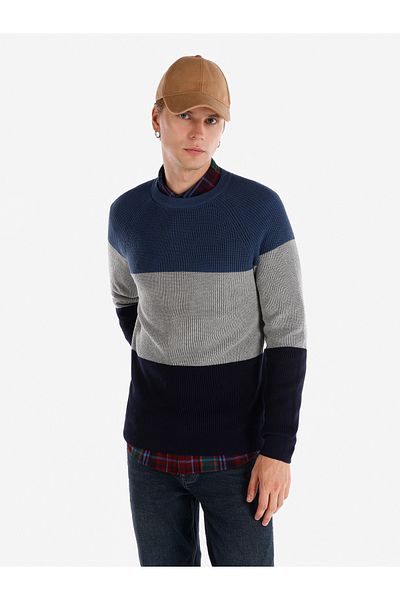 Colin's Pulover pentru bărbați, albastru marin, cu gât rotund, jacquard, Cl 1066283