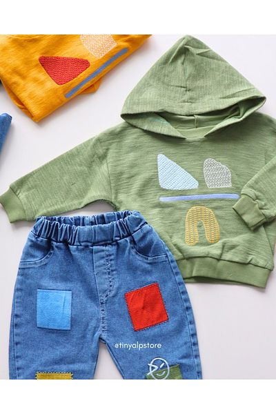 Necix's Basic Asymmetrical Design Pattern Hooded Jeans Baby Boy Set of 2