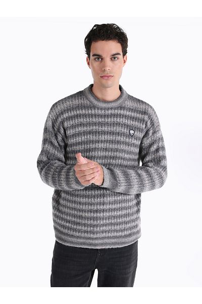Colin's Gray Striped Regular Fit Crew Neck Men's Knitwear Sweater