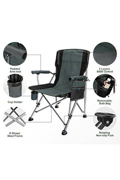 BUNCA Heavy-duty folding camping chair with backrest, side pocket and cup holder – practical for trips and outings |