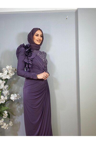 Katre KENZEL Uzun Kollu İşlemeli Drapeli Tesettür Uzun Abiye Elbise