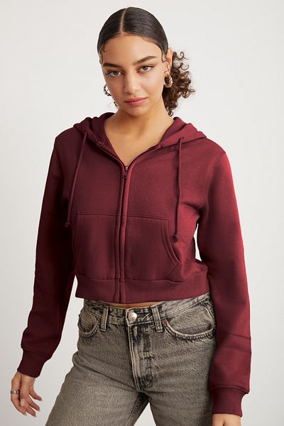 GRIMELANGE Delia Women's Crop Fleece Inside Zippered Organic Cotton Hooded Corduroy Sweatshirt