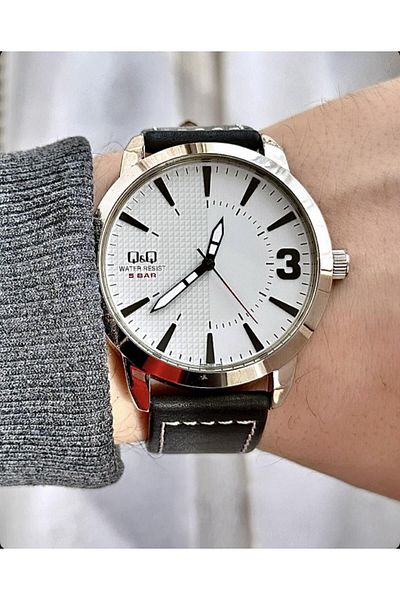 Q&Q Men's Black Leather - Rose Metallic Wristwatch with Asymmetric Dial