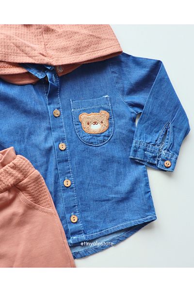 Necix's Comfortable and Soft Fabric Design Patterned Cap Baby Boy 2-Piece Set with Denim Shirt