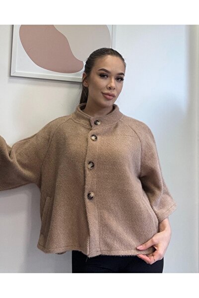 LADY RIVSD Camel, Kaşe Kadın Kaban, Düğme Kapamalı, Truvakar Kol, Dokulu Kısa...