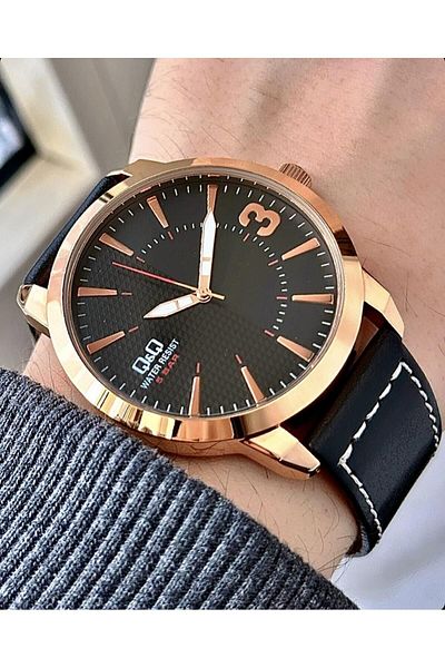 Q&Q Men's Black Stitched Leather - Asymmetrical Rose Metallic Dial Analog Wristwatch