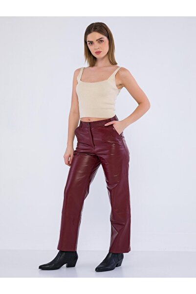 Basics&More Kadın Yan Cepli Bordo Hakiki Kuzu Deri Pantolon - P03
