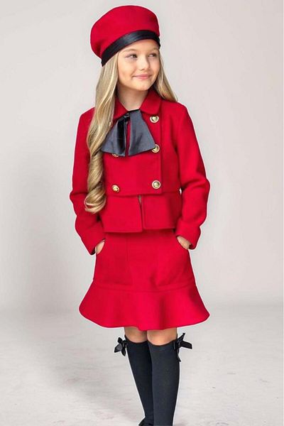 Riccotarz Red Stamp Girls' Set - Asymmetrical Cutout, Button Detail Jacket and Ruffle Hem