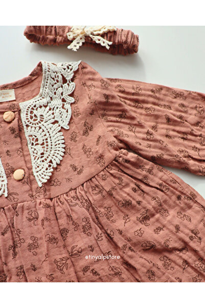 Necix's Embroidered Muslin Fabric Design Flower Patterned Baby Girl Dress with Buckle Gift