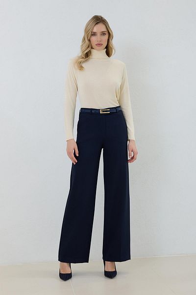 Setre Navy Blue Belt Detailed High Waist Relaxed Fit Trousers
