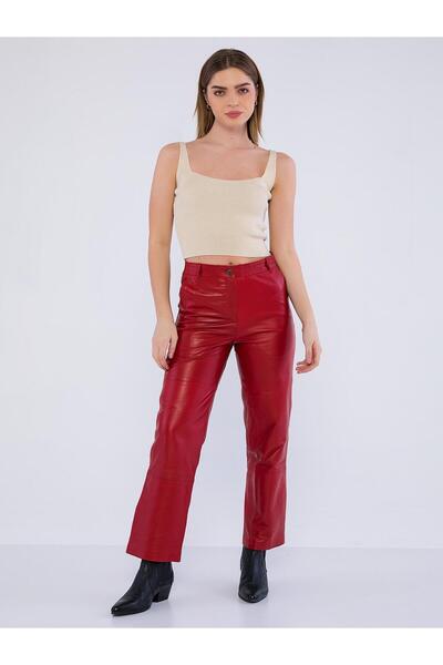 Basics&More Women's Red Genuine Lambskin Leather Pants with Side Pockets - P03