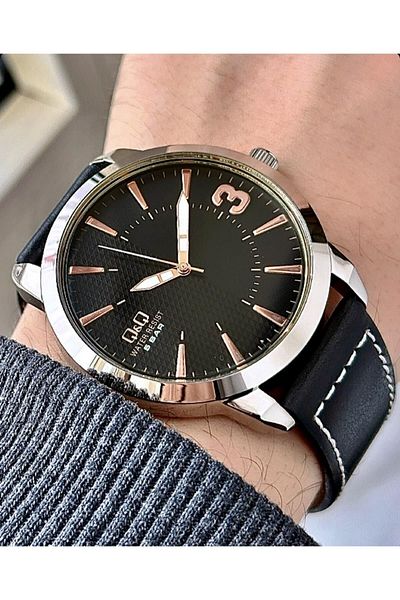 Q&Q Black Leather - Silver metallic Asymmetric Dial men's Wristwatch