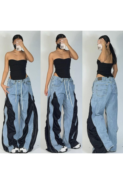 Gofeel Zipper Fermuar Detail Baggy Jean Unisex Oversize Bol Pantolon