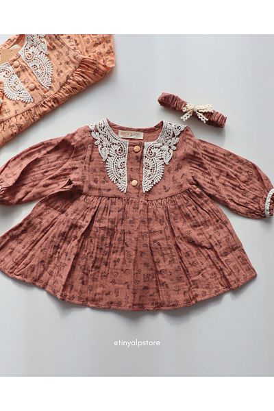 Necix's Embroidered Muslin Fabric Design Flower Patterned Baby Girl Dress with Buckle Gift