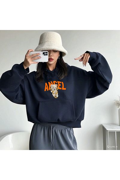 DEEPSENCE Angel Unisex Navy Blue Oversize Hooded Sweatshirt