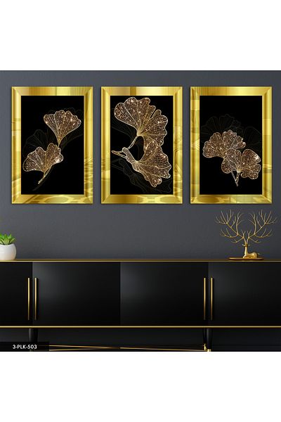 Evinemoda Pictură în oglindă din plexiglas cu flori abstracte aurii 3 piese