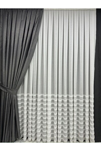 Taç Dizar Hafif Simli Antrasit Fon Perde 1/3 Sık Pile