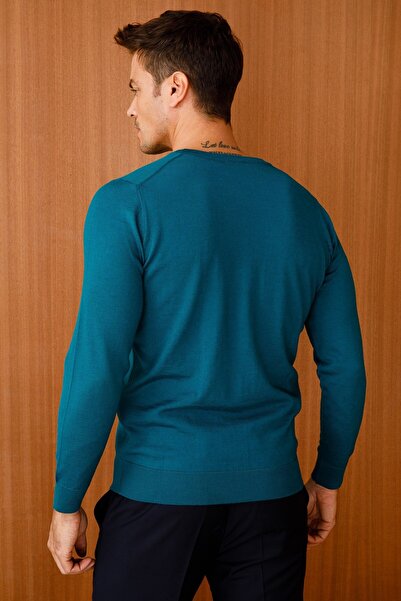 Desen Triko Чоловічий базовий светр з V-подібним вирізом з тонкого трикотажу, темно-синій