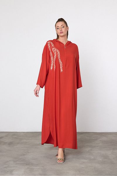 Denismoda VPV037 Γυναικείο κέντημα με κουκούλα Λεπτομέρεια Plus Size Αυθεντικό Φόρεμα ΠΟΡΤΟΚΑΛΙ