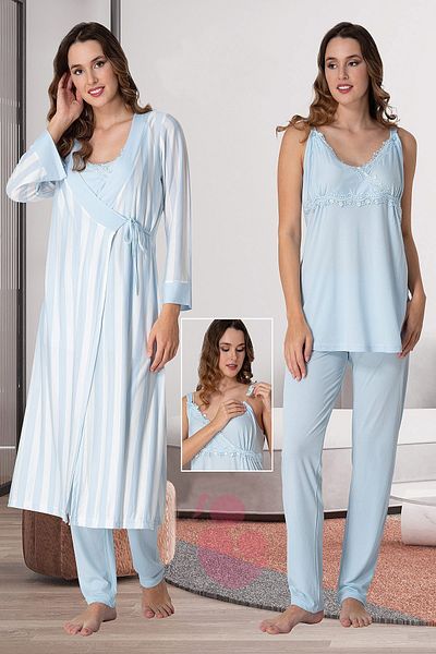 Pelin Set de pijamale de maternitate cu model albastru pentru femei, 3 piese