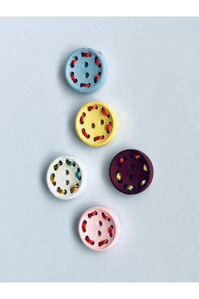 Öztürk Painted Wooden Button with Sewing Motif. 1.5cm. Pack of 5. Colorful
